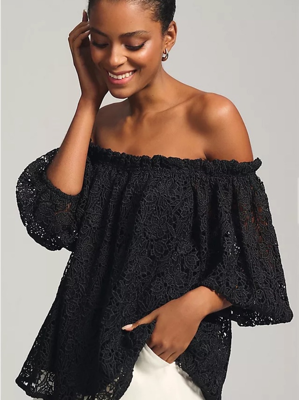 Anthropologie Black Off-the-Shoulder Lace Top